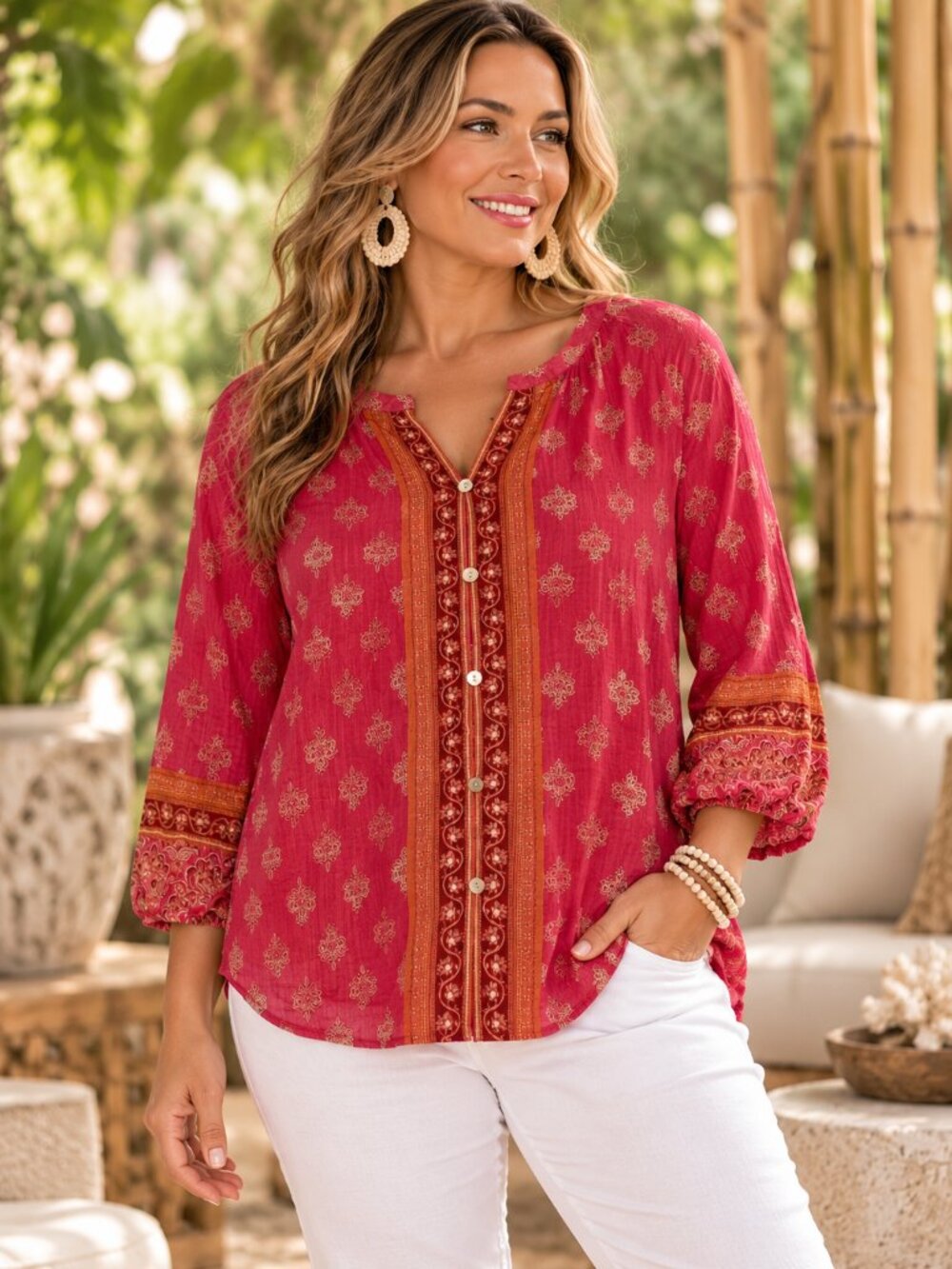 J. Jill Medium Petite Button up coral patterned paisley blouse size